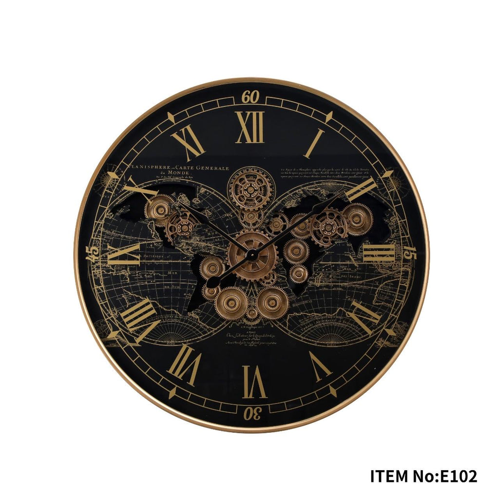 E102 Industrial Mechanical World Map Wall Clock
