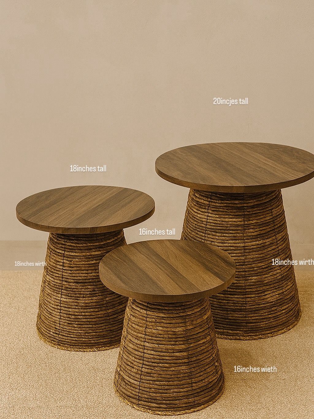 Wooden Top Table with Rattan Base – Natural Boho Accent Table