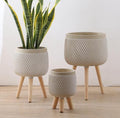 Ribbed Ceramic Planter on Wooden Legs – 32 to 57 cm