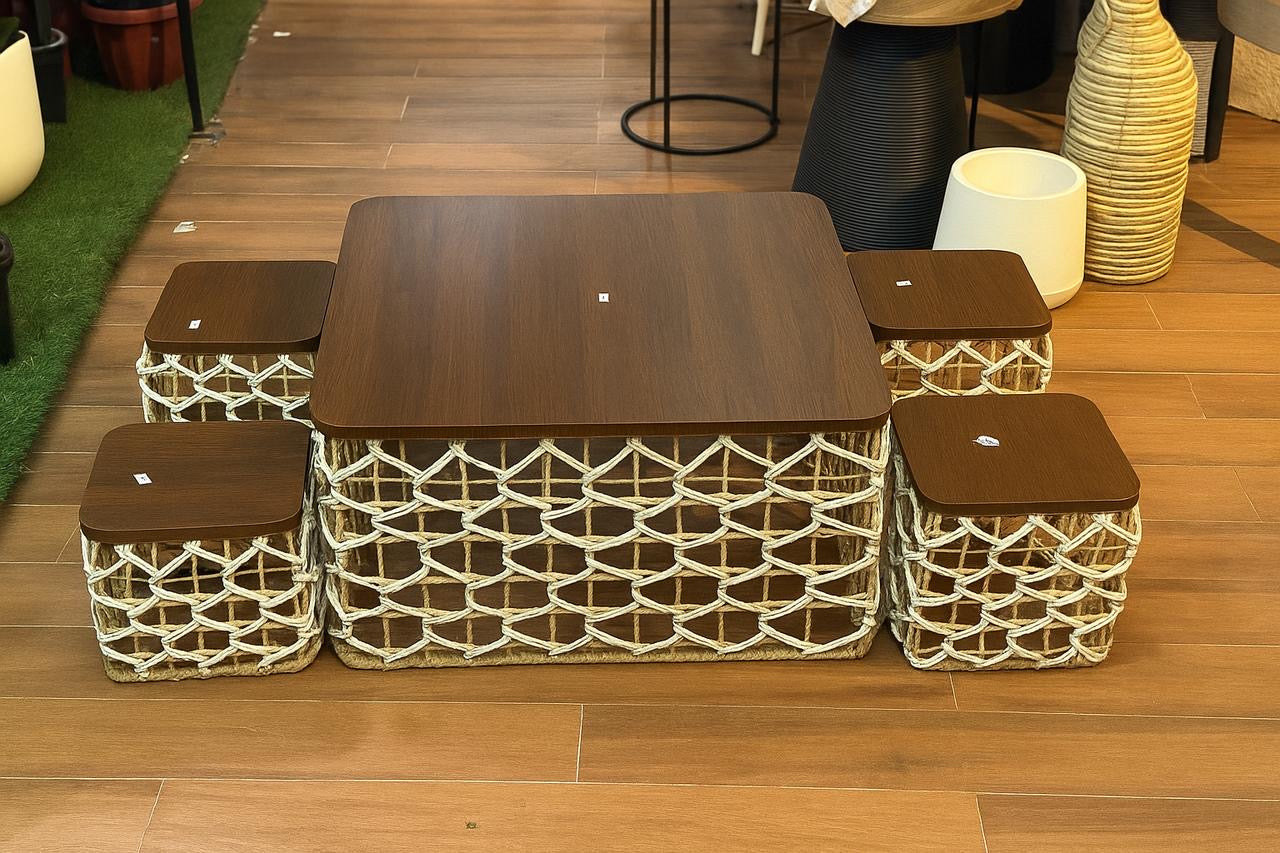 Elegant Wooden & Rattan Dining Table Set – 4-Seater