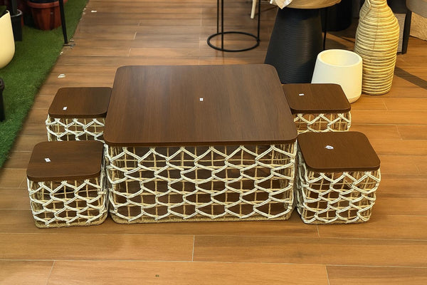 Elegant Wooden & Rattan Dining Table Set – 4-Seater