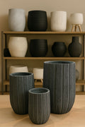 Slate-Ribbed Obsidian Planter Set – 3 Piece Contemporary Collection