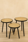 Wooden 3-Leg Tables with Rattan Tops – Boho Accent Table Set