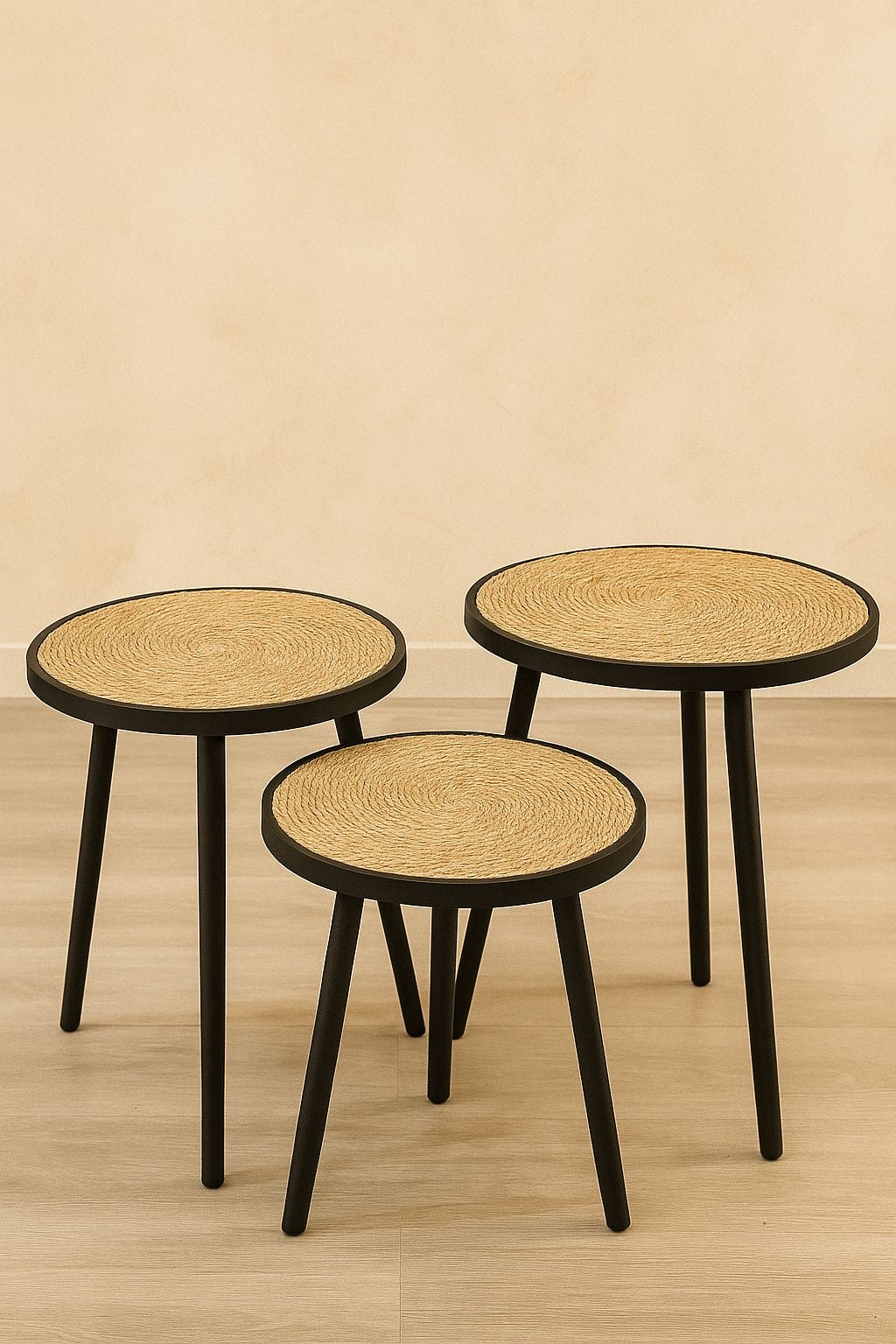 Wooden 3-Leg Tables with Rattan Tops – Boho Accent Table Set