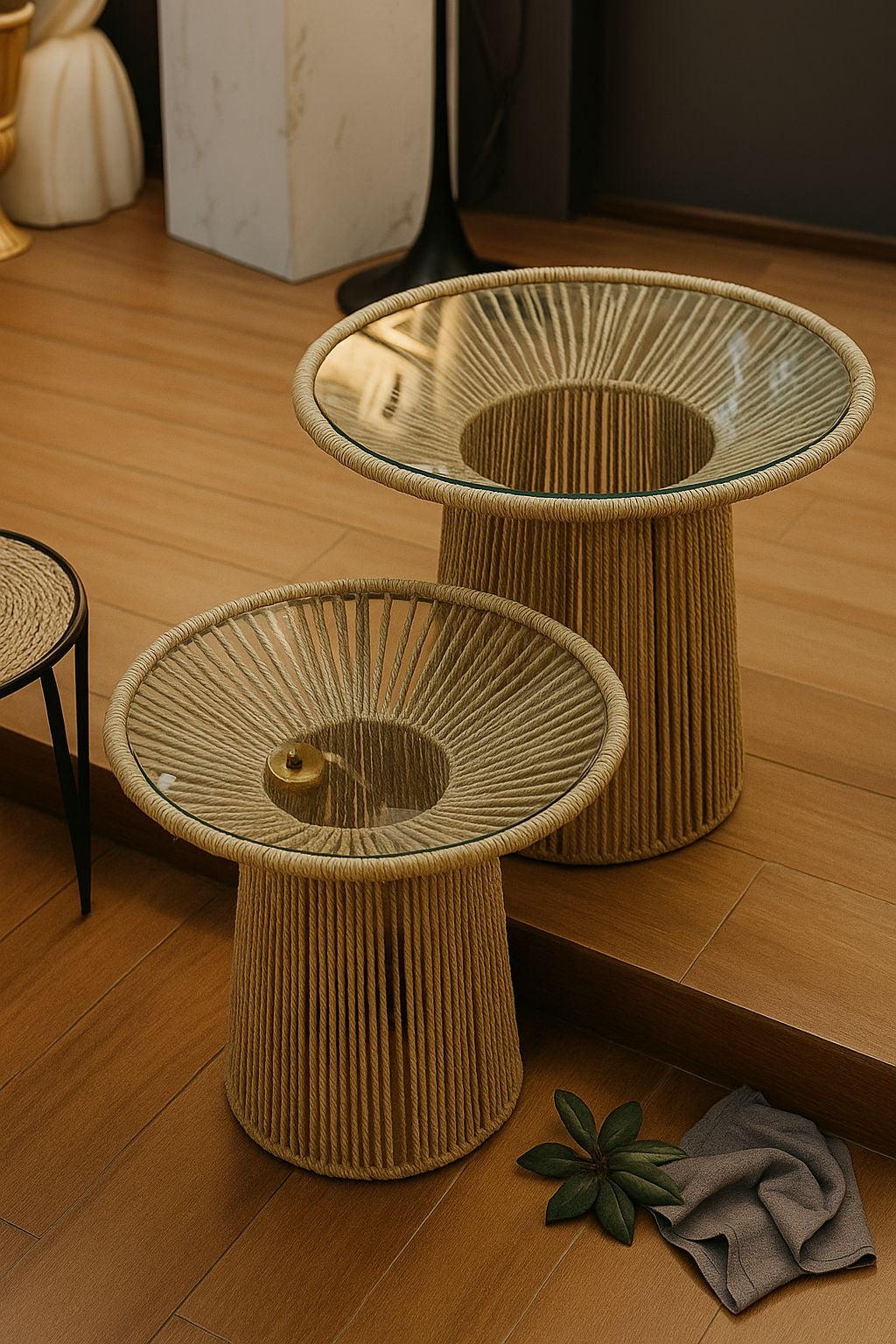 Rattan Base Table with Mirror Top – Elegant Boho Accent Table