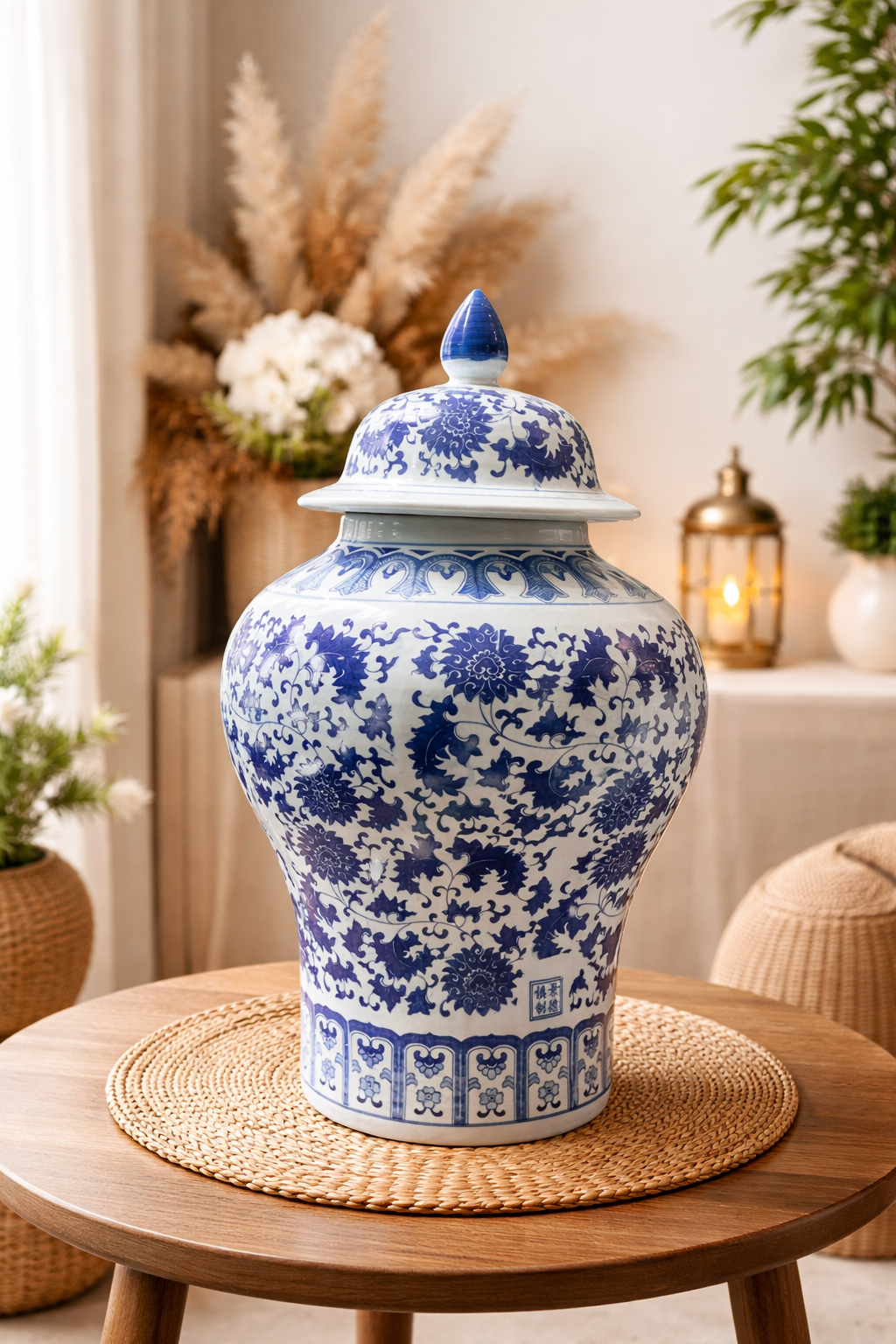 Artisanal Blue and White Ceramic Temple Jar