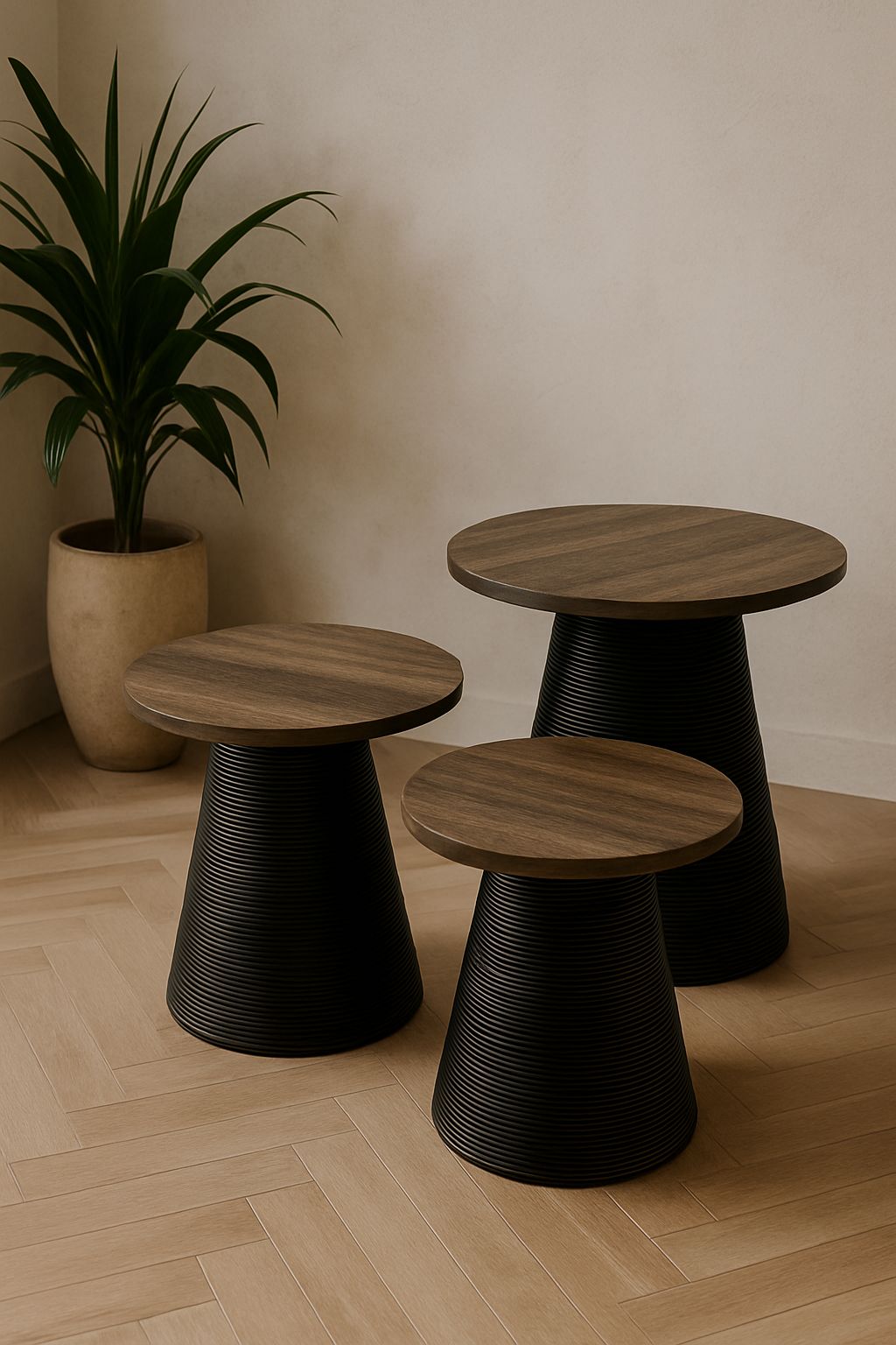 Wooden Top Table with Rattan Base – Natural Boho Accent Table BLACK