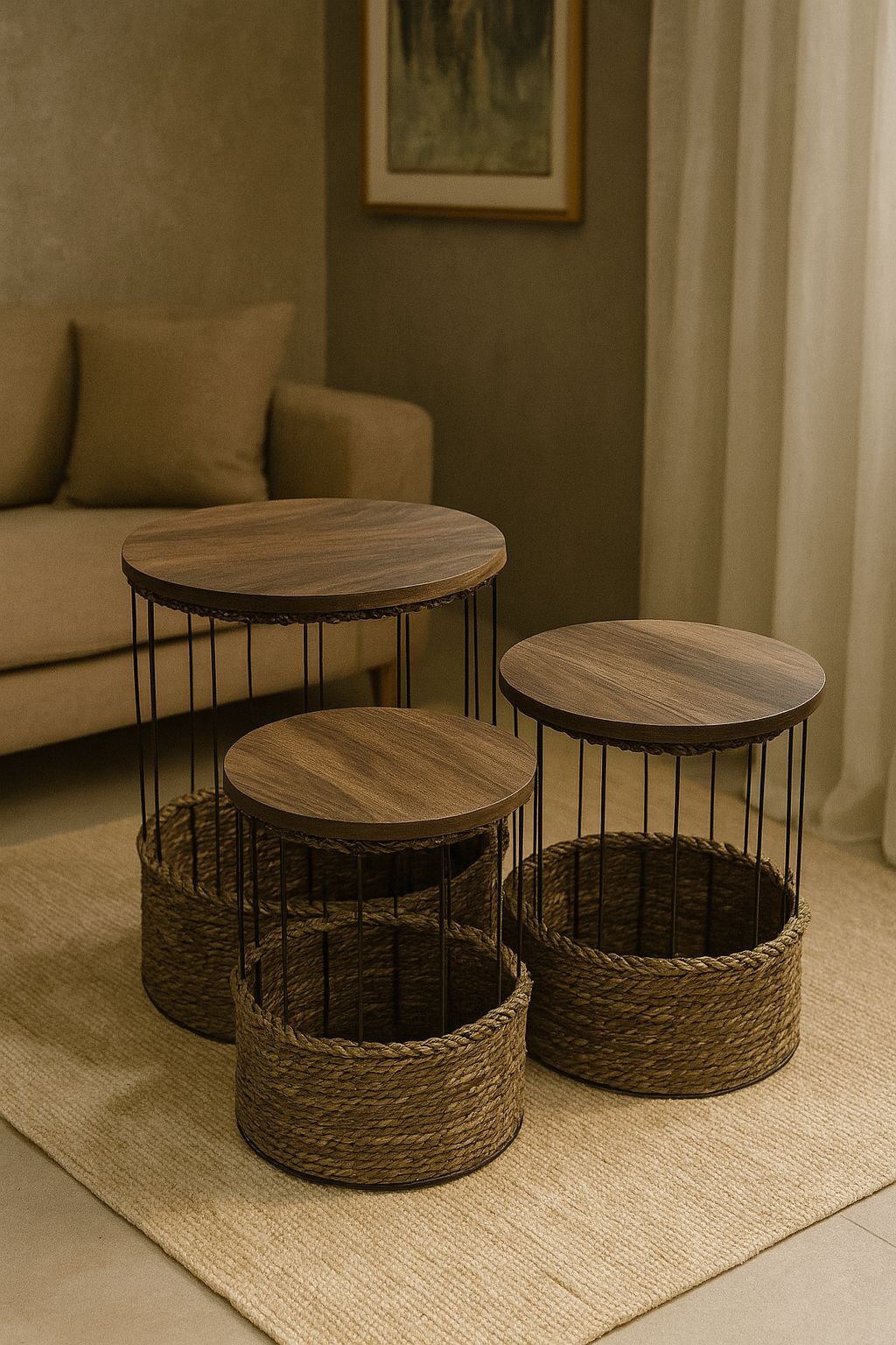 Modern Industrial Jute & Wood Nesting Side Tables – Available in 3 Sizes & Full Sets