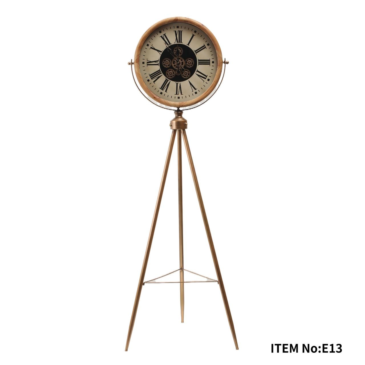 Luxury Wood & Gold Tripod Floor Clock – Antique Mechanical Gear Standing Clock