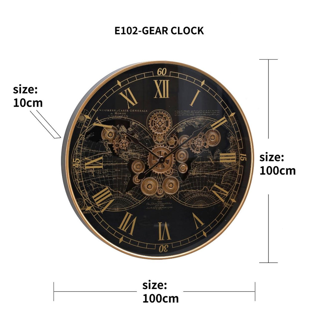 E102 Industrial Mechanical World Map Wall Clock