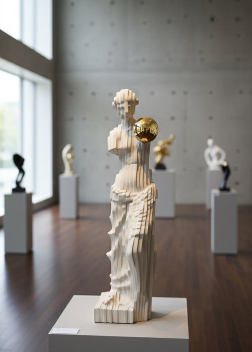Abstract Tiered Figure Sculpture with Gold Sphere