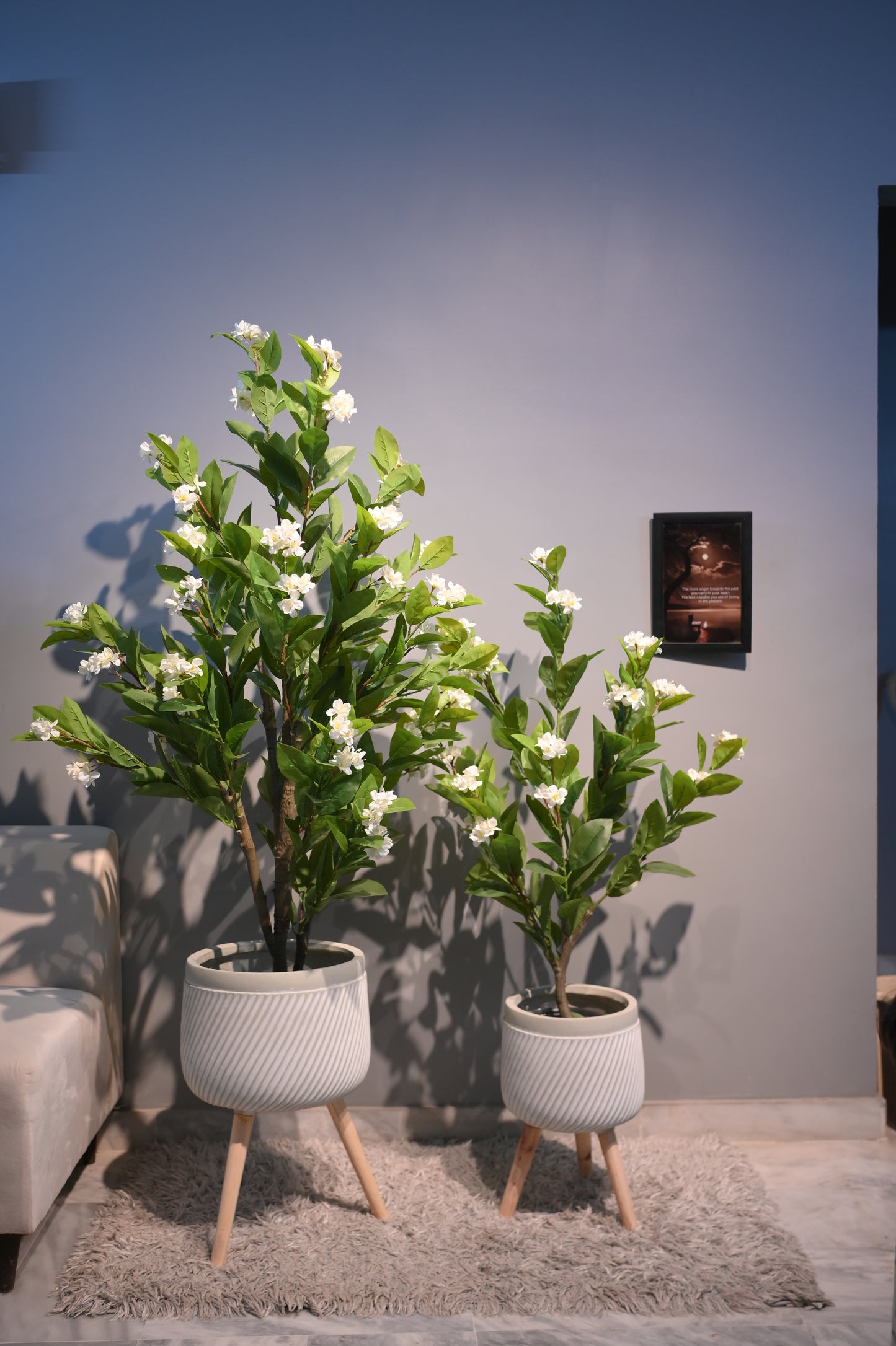 Artificial White Blossom Tree with Modern Tripod Planter