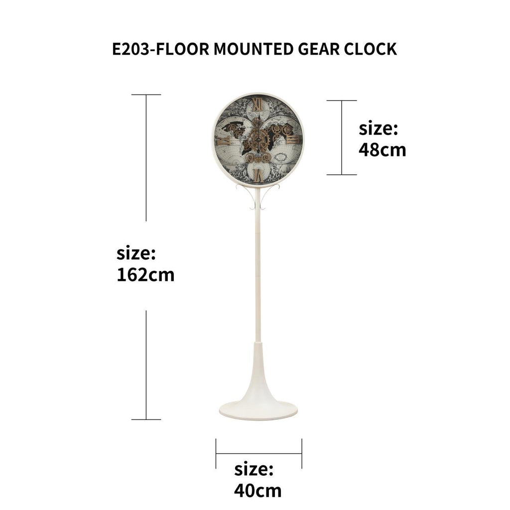 Premium Vintage World Map Floor Clock – Luxury White Standing Gear Clock