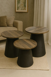 Wooden Top Table with Rattan Base – Natural Boho Accent Table BLACK