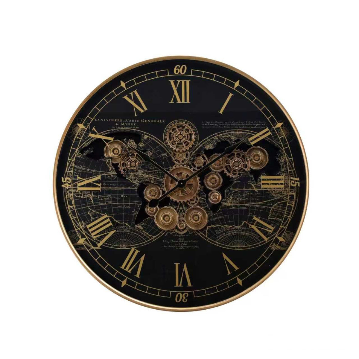 Black & Gold World Map Gear Wall Clock