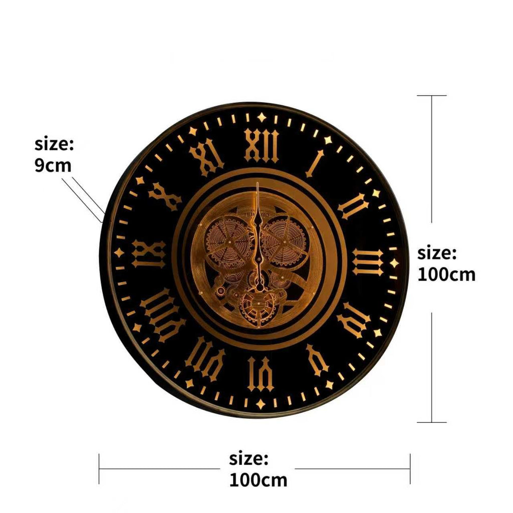 Large Black & Gold Gear Wall Clock – Roman Numerals – size guide