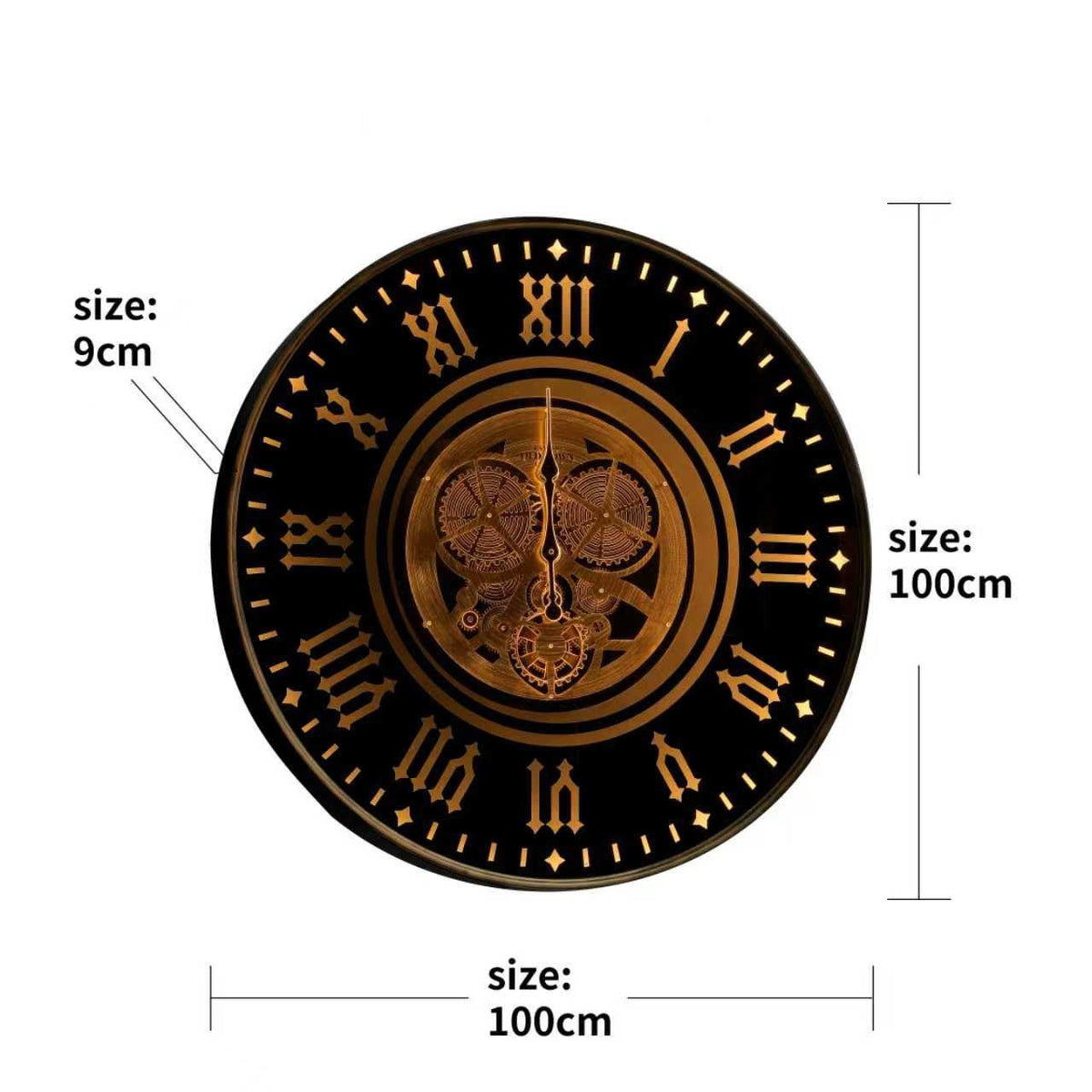 Large Black & Gold Gear Wall Clock – Roman Numerals – size guide