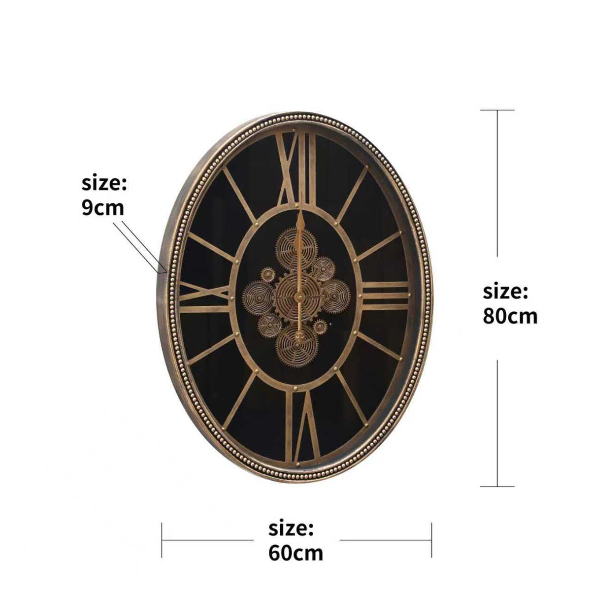 Oval Black & Gold Gear Wall Clock – size guide