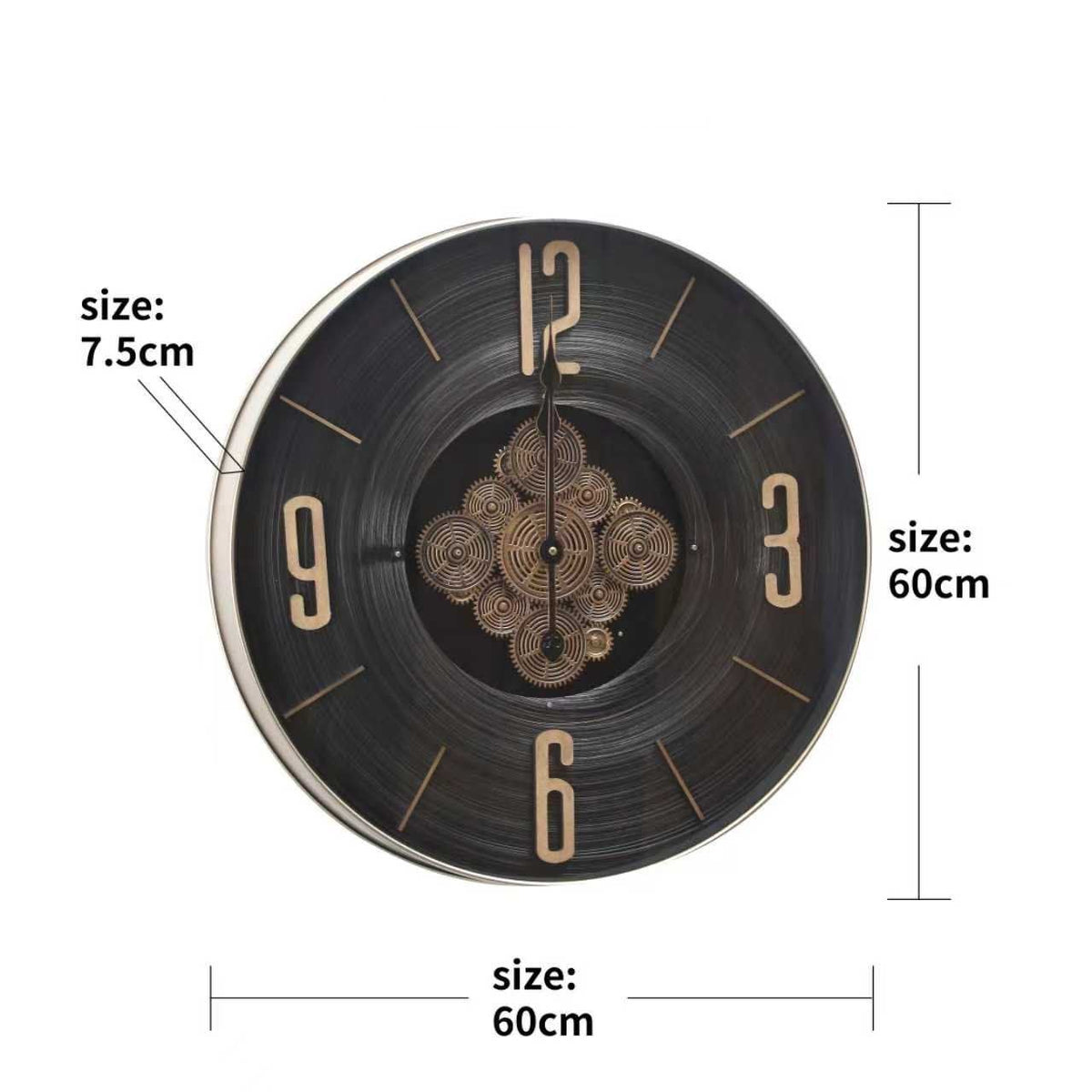 Black Wall Clock with Gold Diamond Centre – size guide