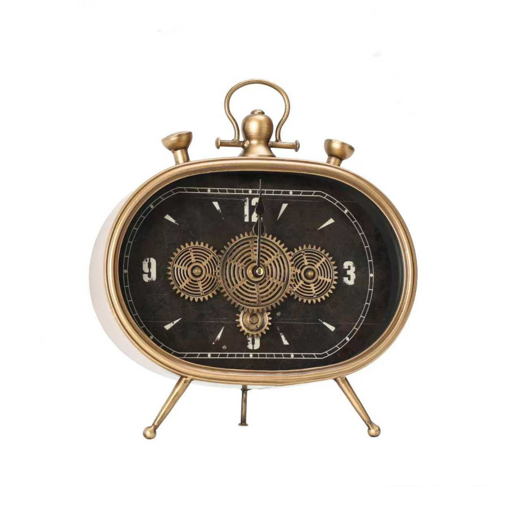 Oval Alarm-Style Gear Table Clock – Gold & Black