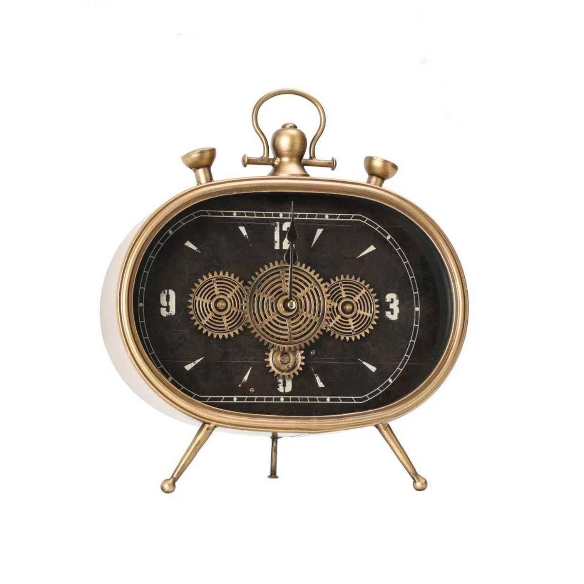 Oval Alarm-Style Gear Table Clock – Gold & Black