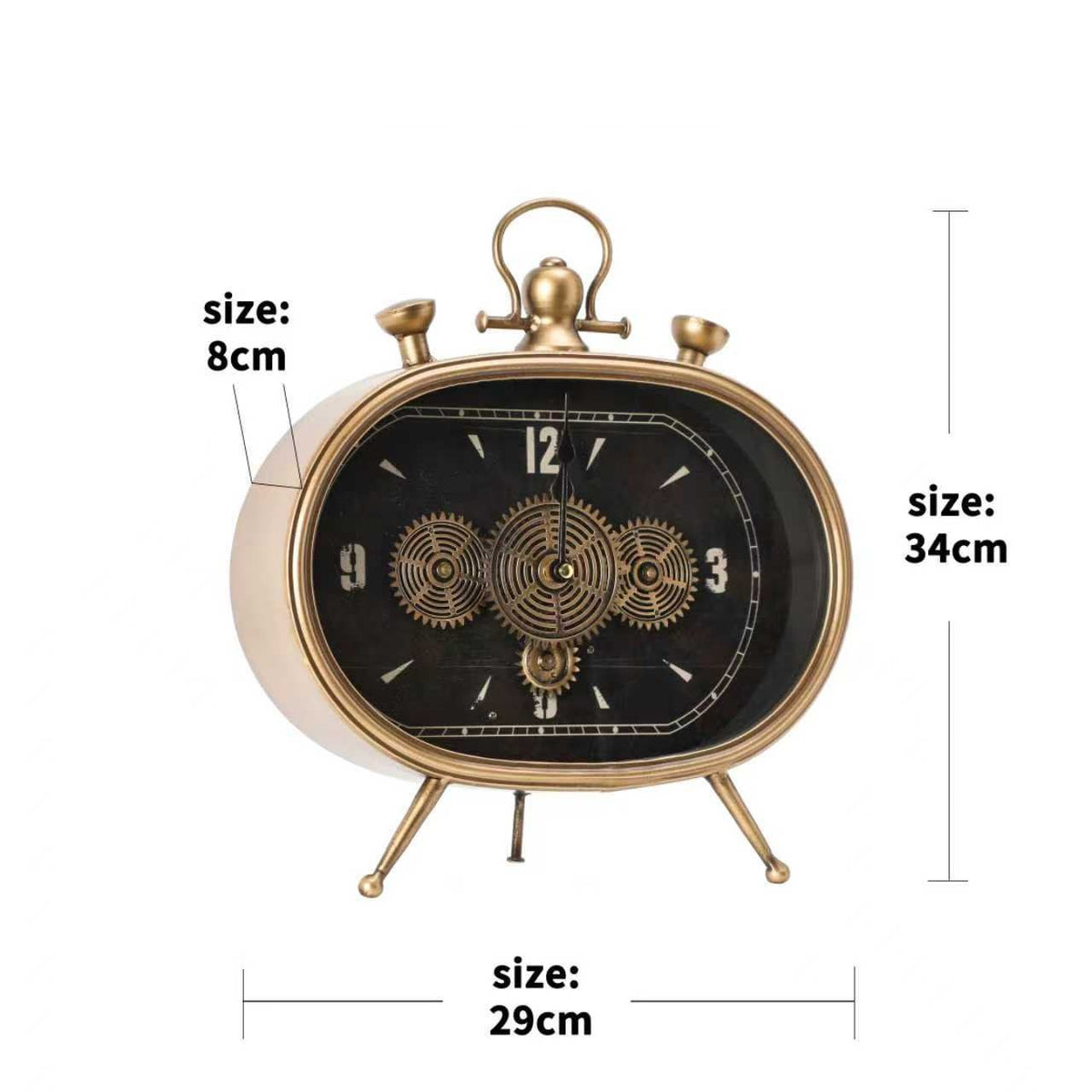 Oval Alarm-Style Gear Table Clock – Gold & Black – size guide