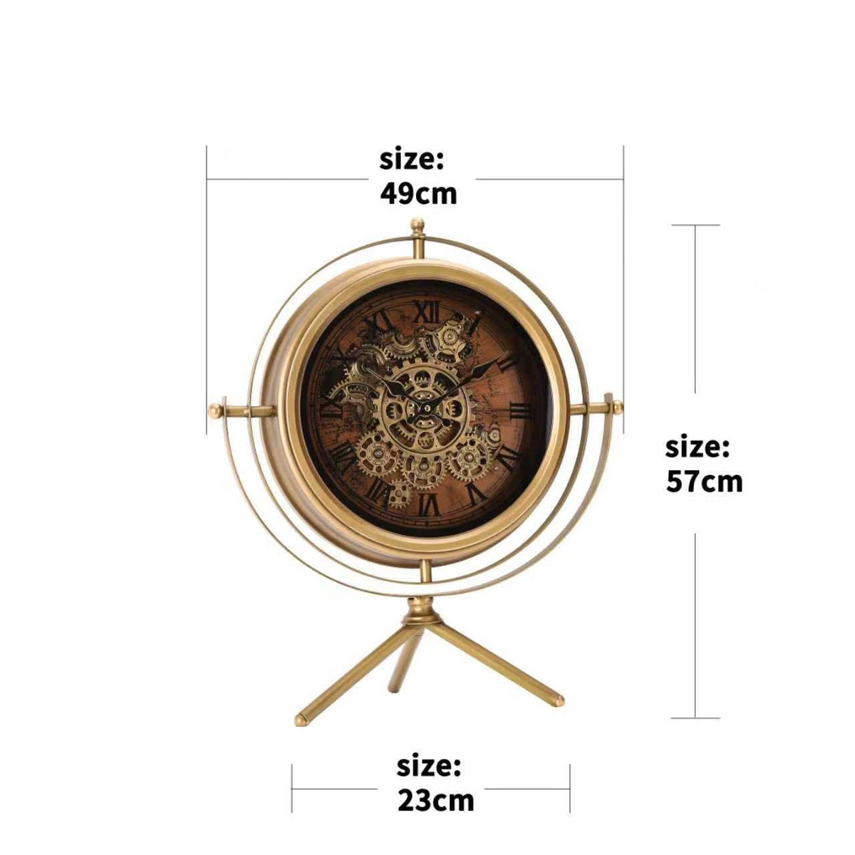 Compass-Style Gear Table Clock on Tripod – Gold & Brown