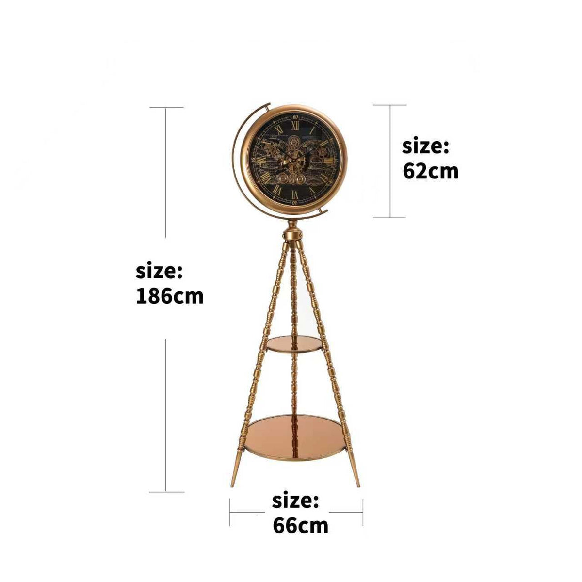 Tripod Floor Clock with Shelf – Copper & Gold