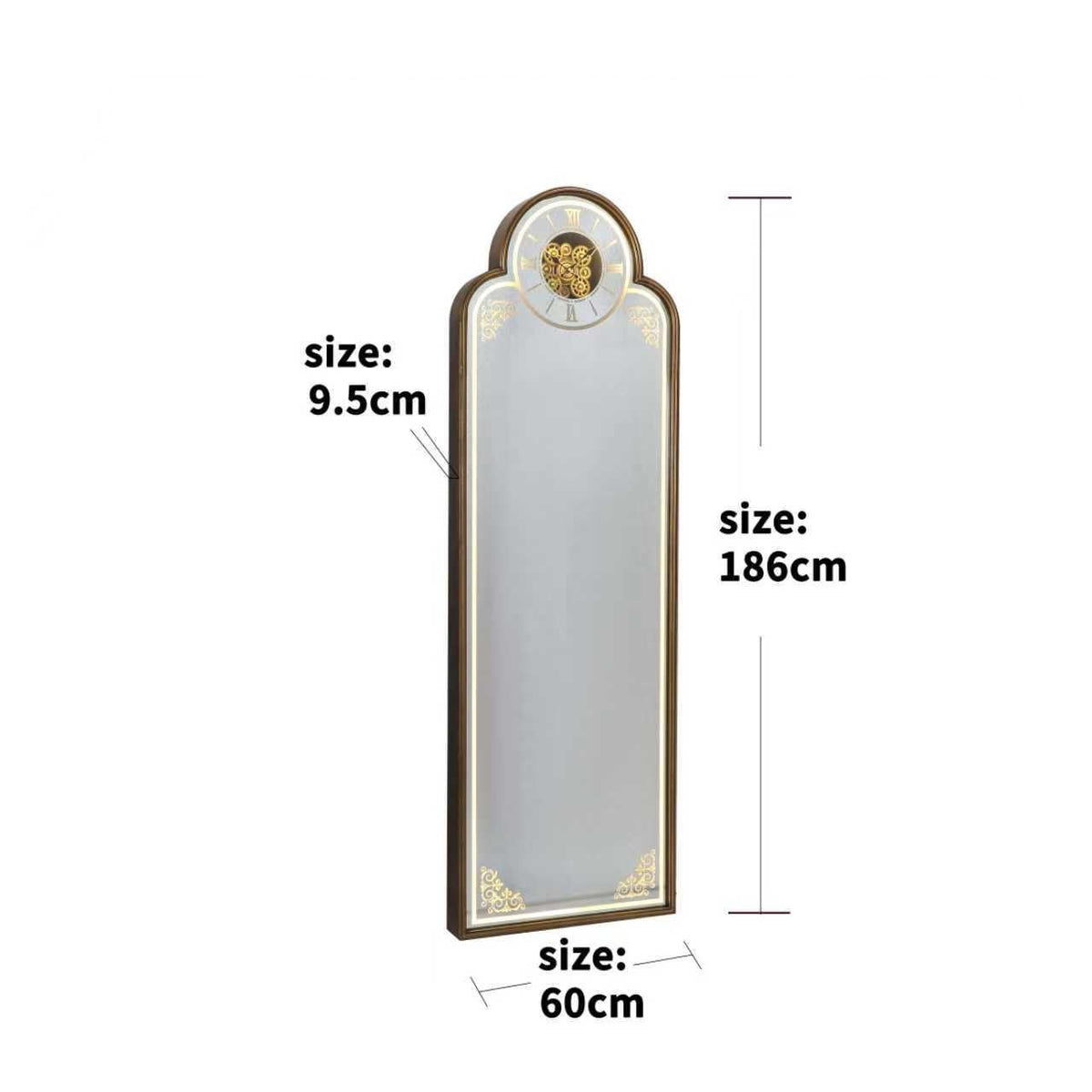 Arched Floor Mirror with Gear Clock – 186 cm – size guide