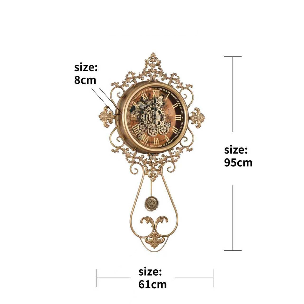 Ornate Gold Pendulum Wall Clock – size guide