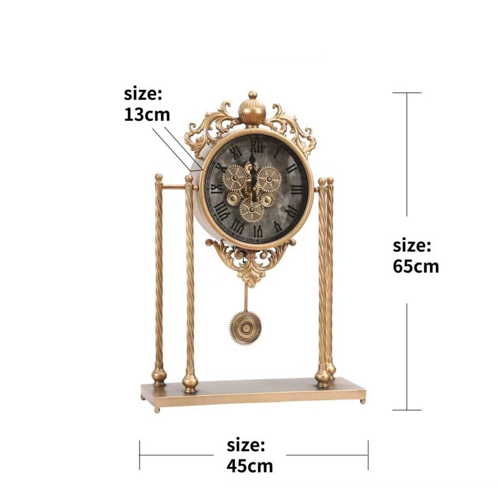 Ornate Pendulum Table Clock with Twin Pillars – Gold – size guide