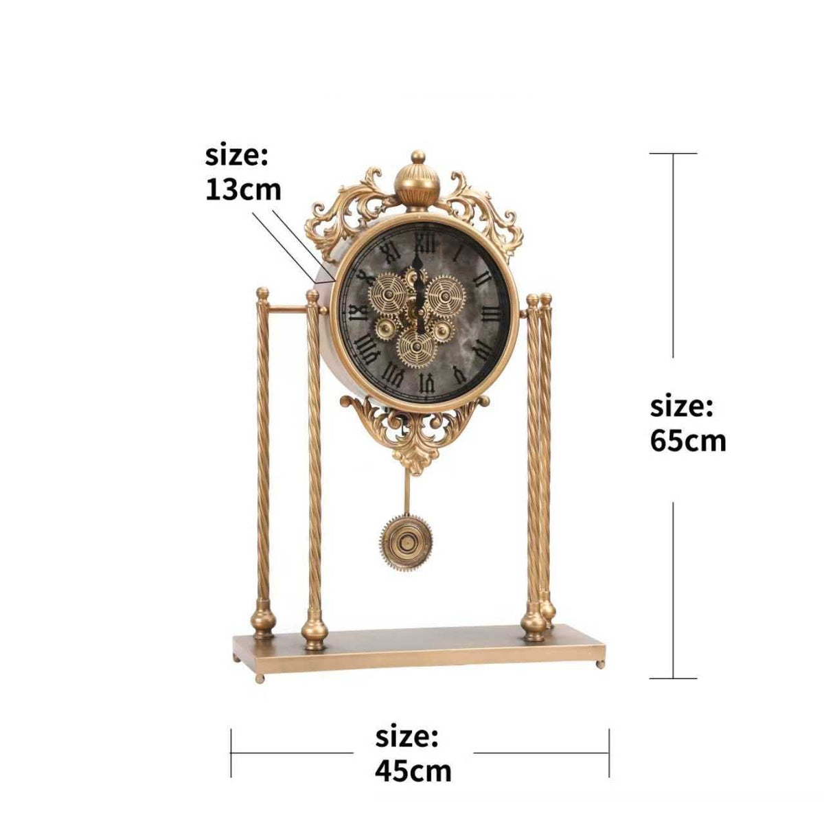 Ornate Pendulum Table Clock with Twin Pillars – Gold – size guide