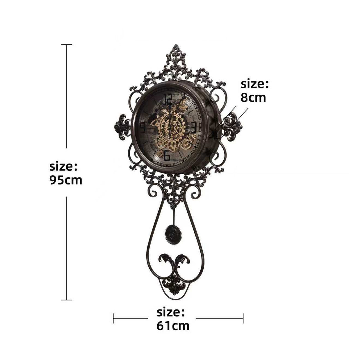 Ornate Black Pendulum Wall Clock – size guide