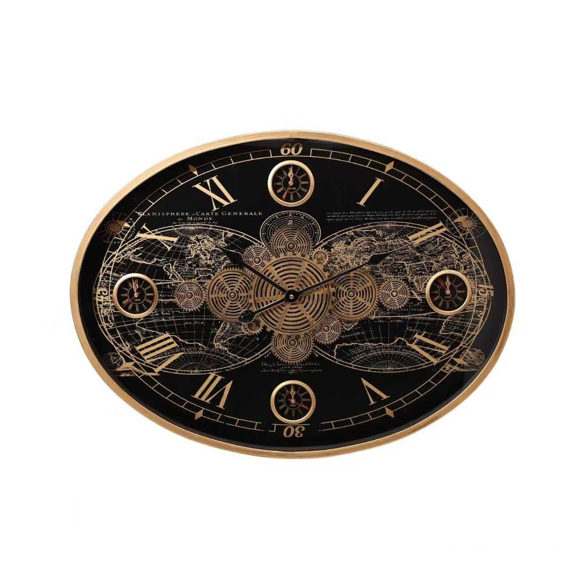 Oval World Map Gear Wall Clock – Black & Gold