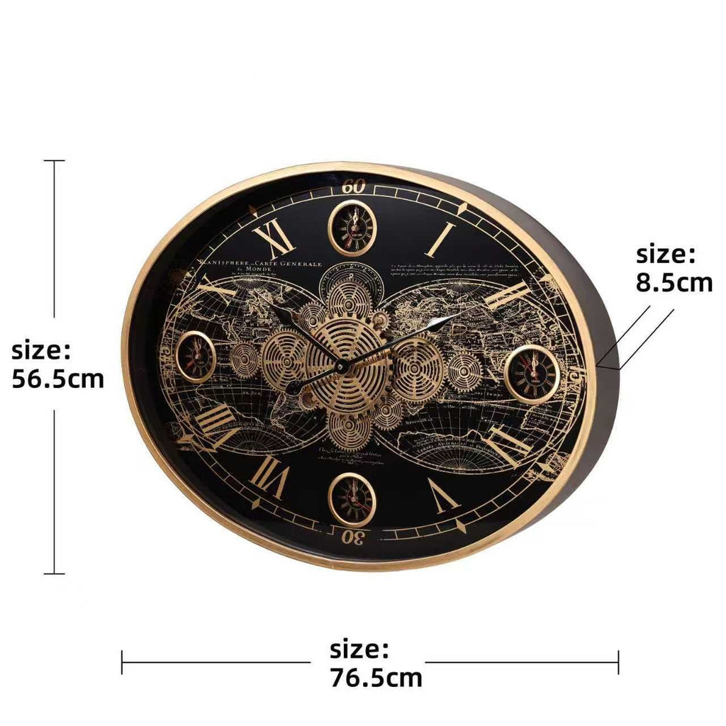 Oval World Map Gear Wall Clock – Black & Gold – size guide