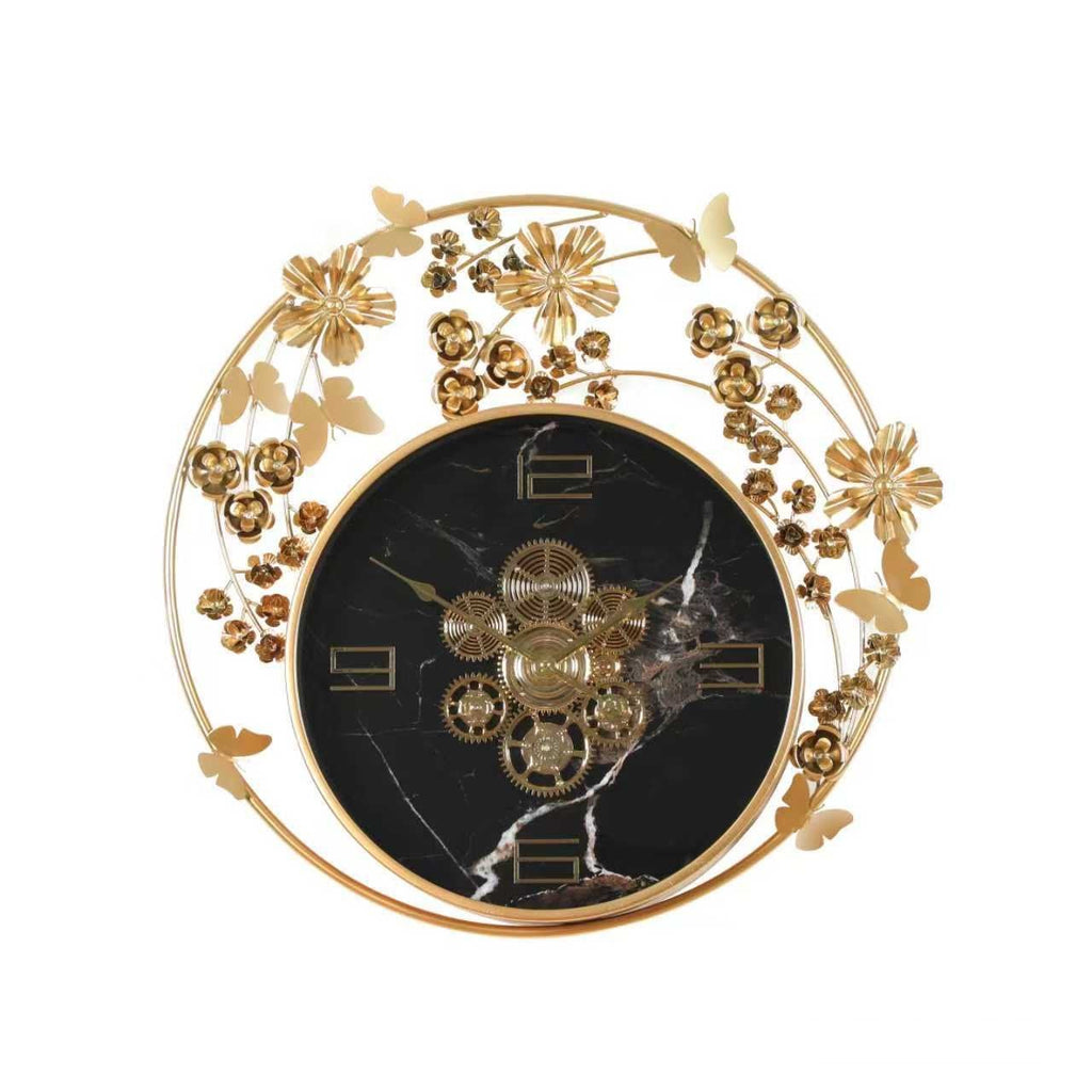 Gold Floral Ring Wall Clock with Black Dial