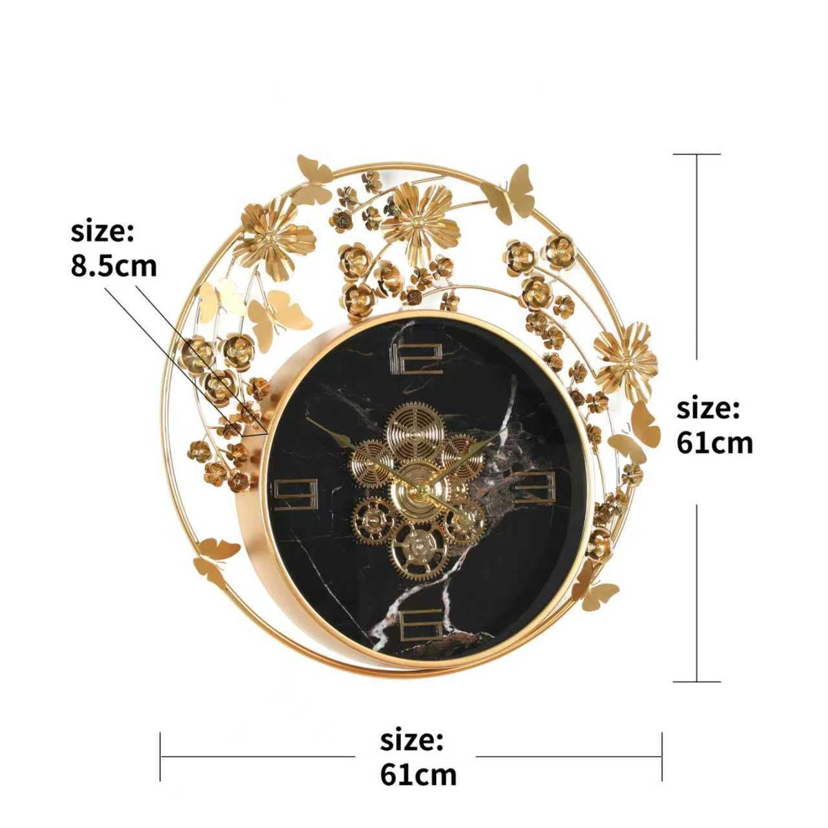 Gold Floral Ring Wall Clock with Black Dial – size guide