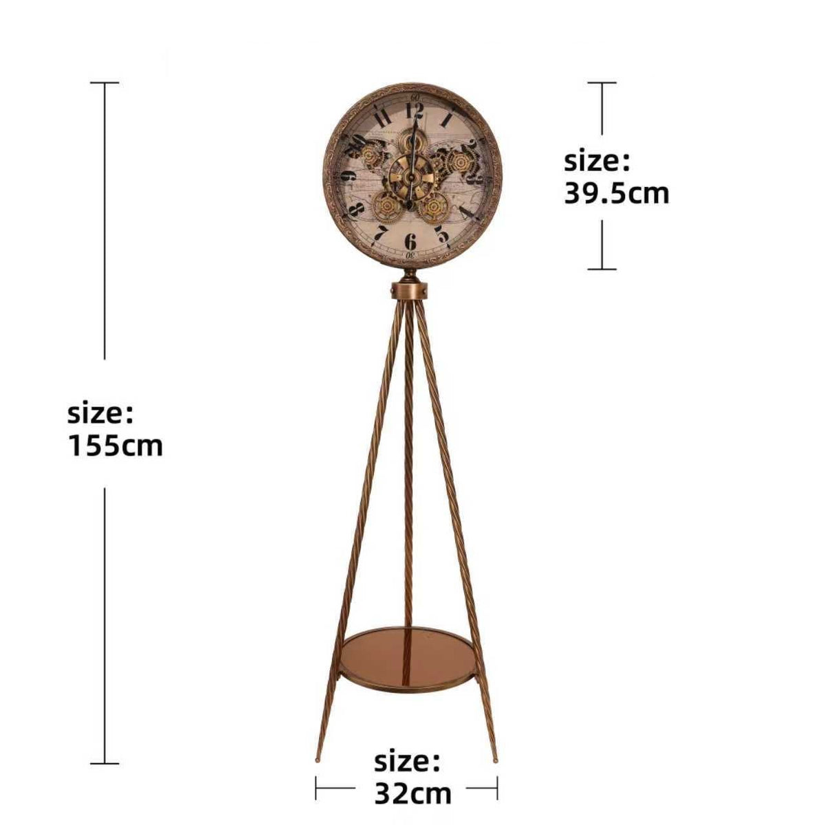 Tripod Floor Clock with Gear Dial & Shelf – Copper