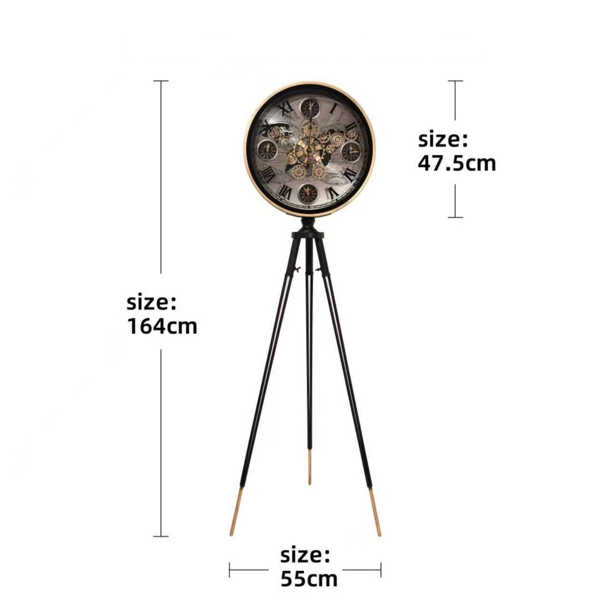 Slim Tripod Floor Clock – Black Gear Dial – size guide