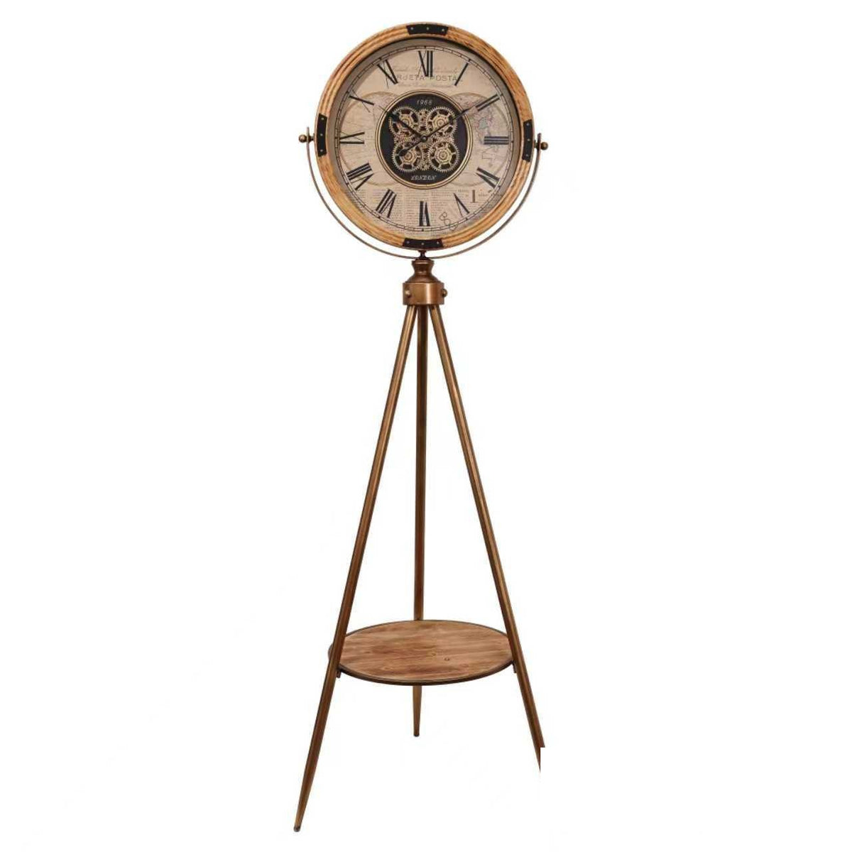 Tripod Floor Clock with Wooden Shelf – Cream Dial