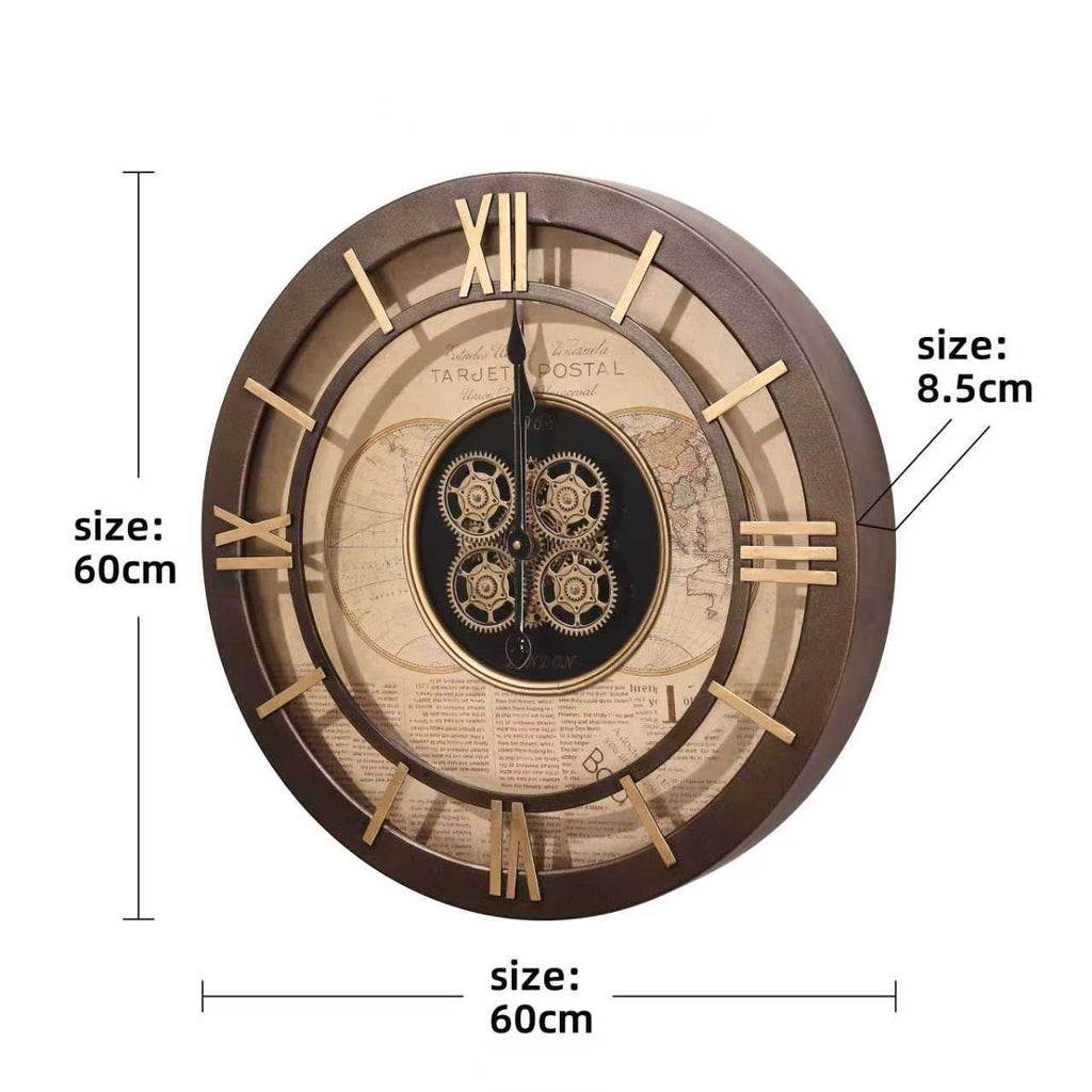Distressed Roman Numeral Gear Wall Clock – Bronze – size guide