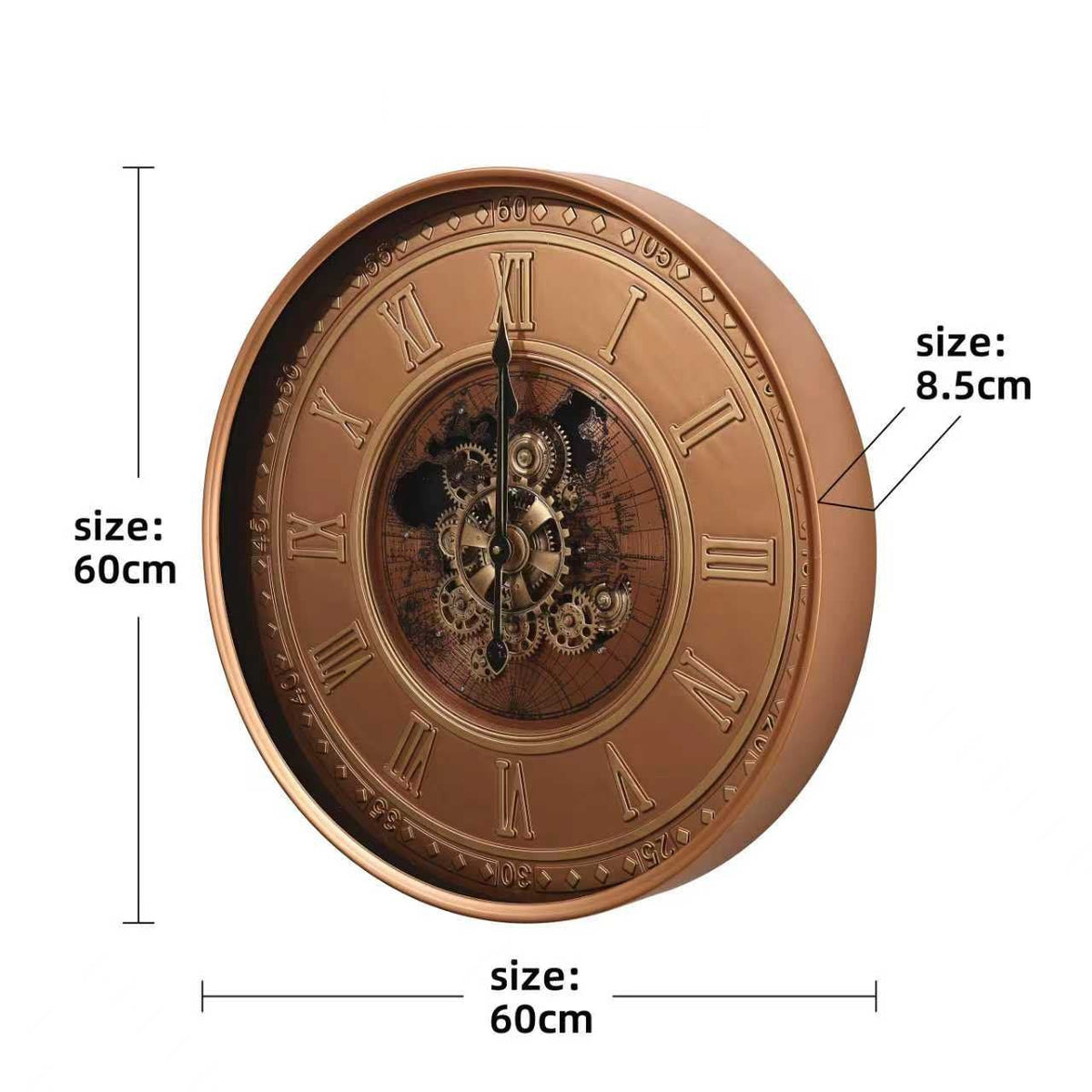 Round Copper Gear Wall Clock – size guide