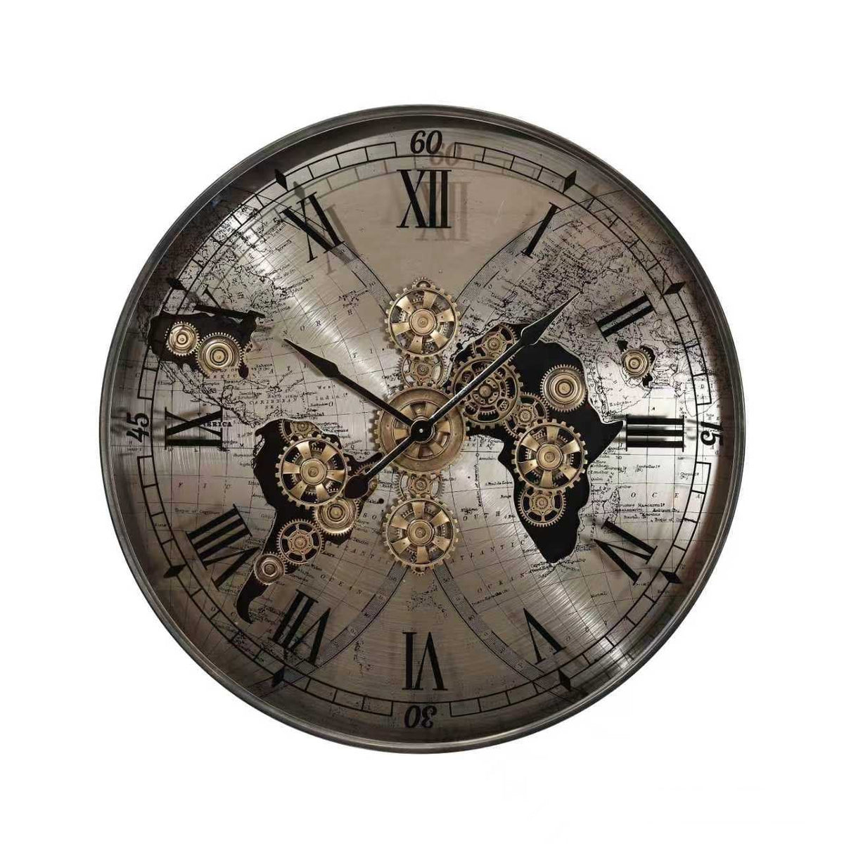 Large Silver Gear Wall Clock – Roman Numerals