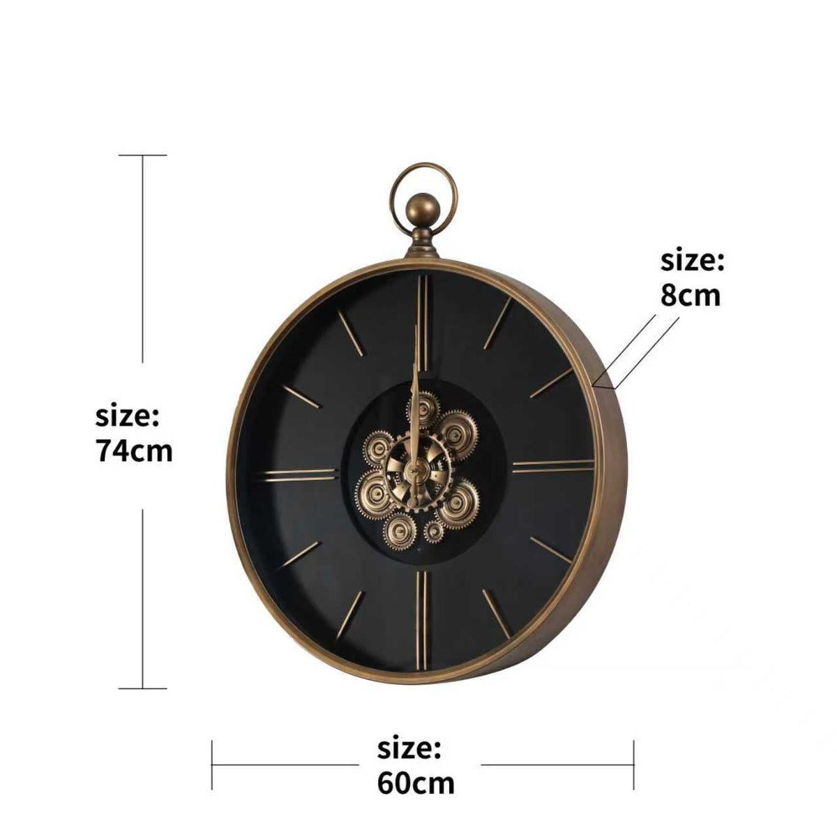 Pocket-Watch Gear Wall Clock – Black & Gold – size guide