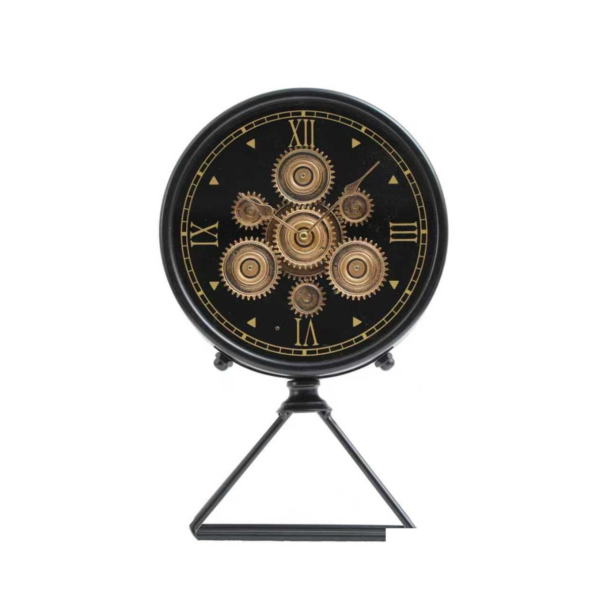 Round Gear Table Clock on Triangle Stand – Black & Gold