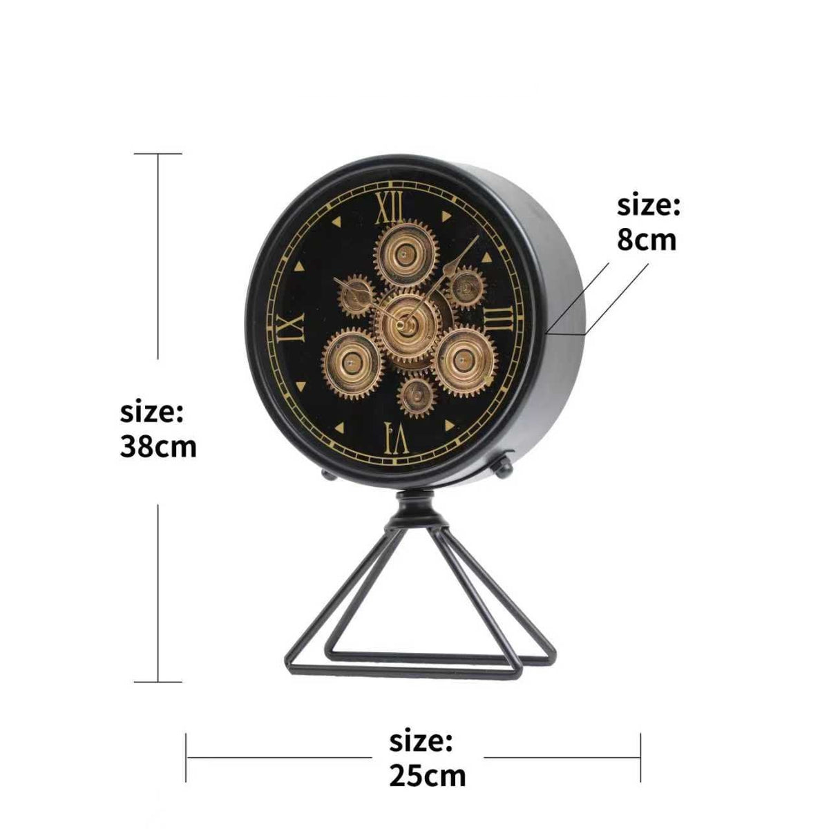 Round Gear Table Clock on Triangle Stand – Black & Gold – size guide