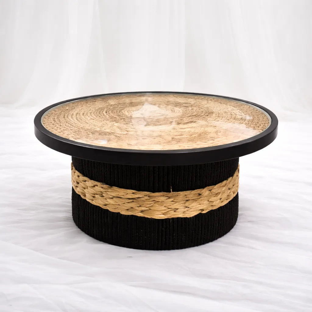 Round Rattan Coffee Table with Wood Top (60 cm) – Rajpoot Flower House