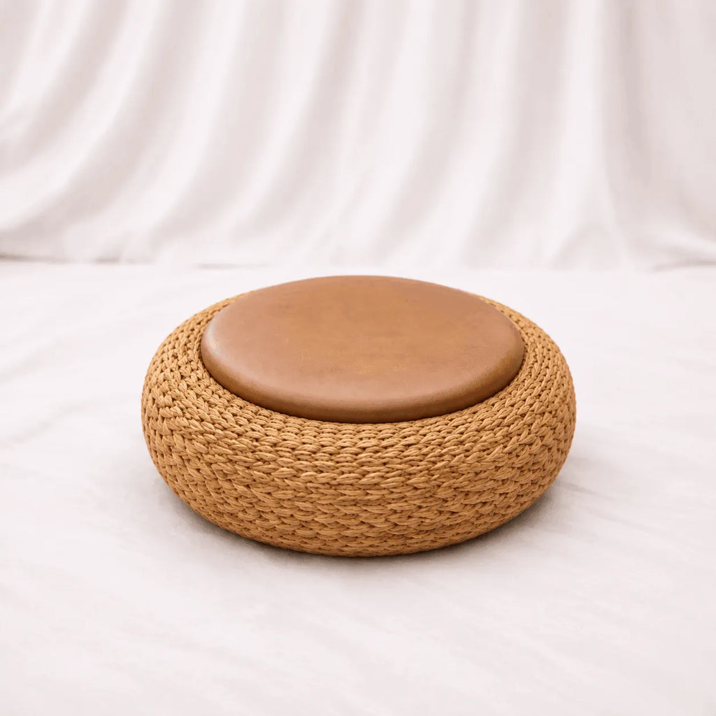 Woven Rattan Pouf Ottoman with Cushion – 3 Sizes – Rajpoot Flower House