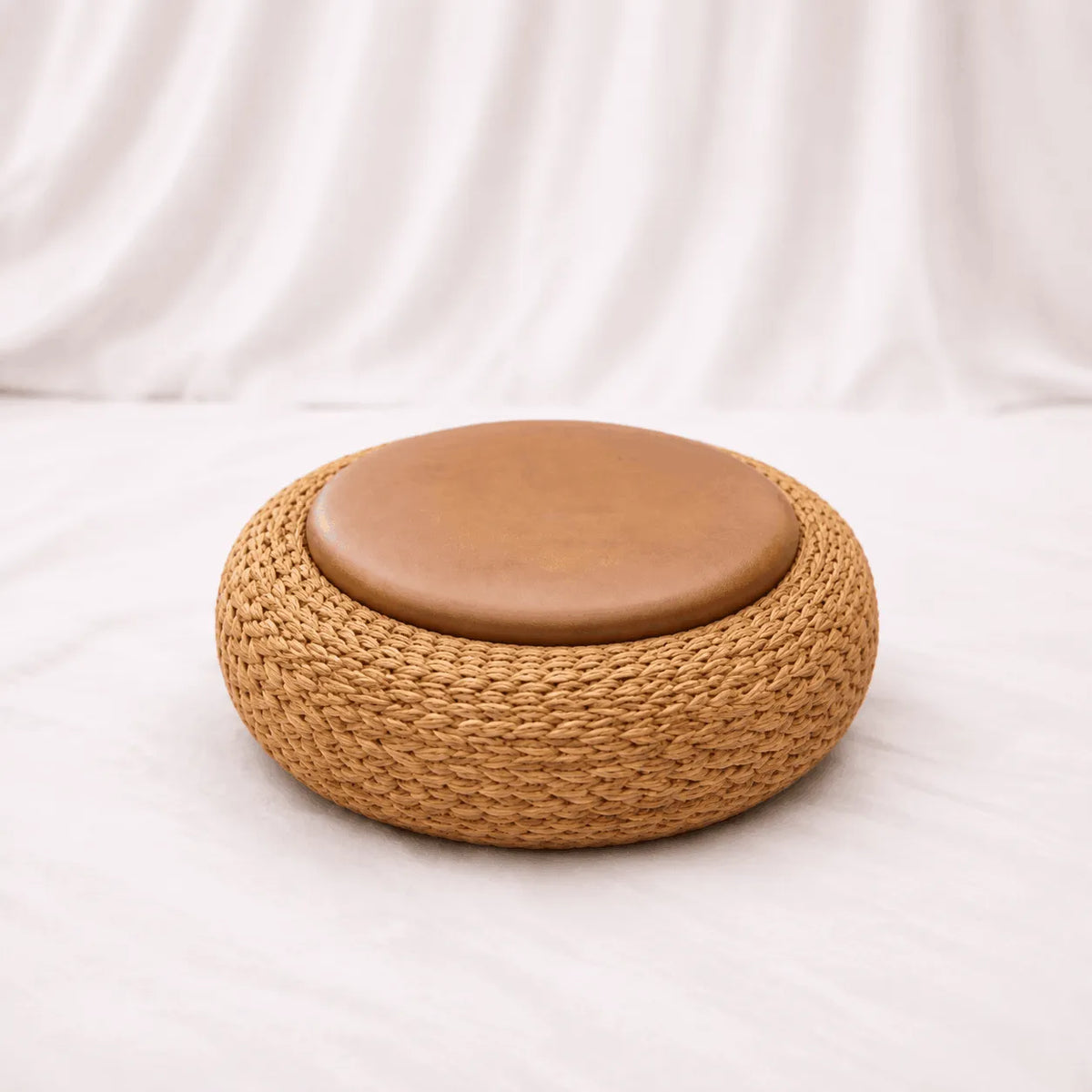 Woven Rattan Pouf Ottoman with Cushion – 3 Sizes – Rajpoot Flower House