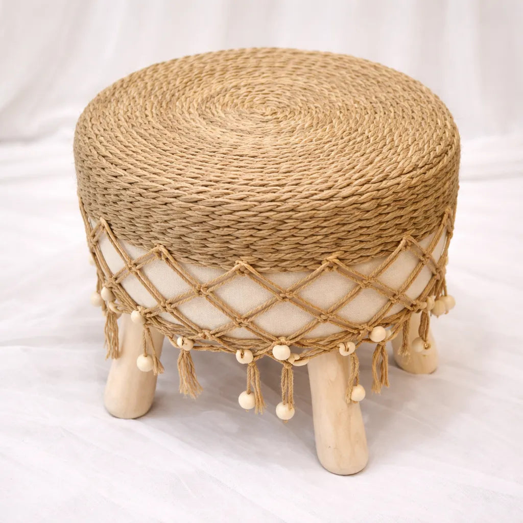 Woven Rope Accent Stool with Wooden Legs – Rajpoot Flower House